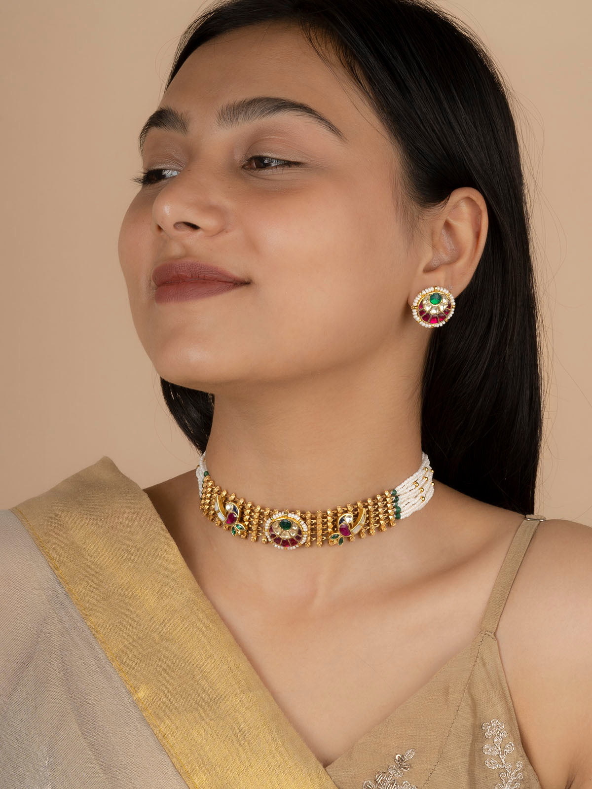 MS1980M - Multicolor Jadau Kundan Choker Necklace Set