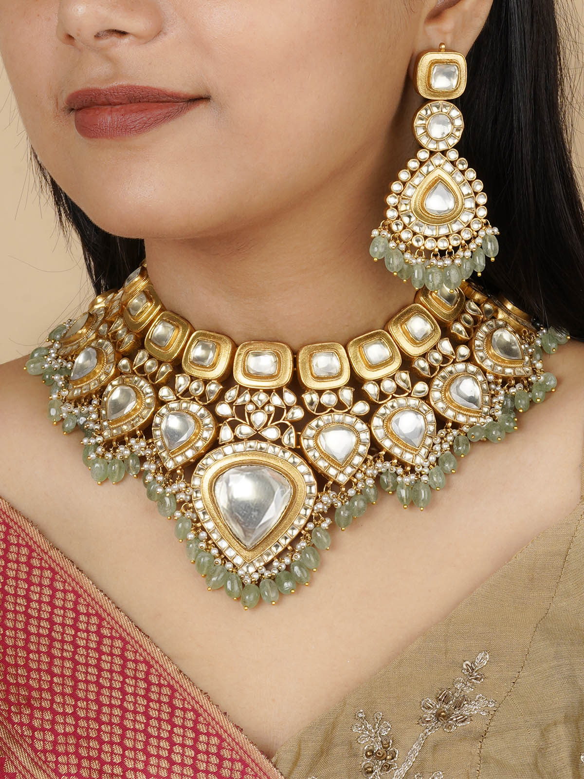MS1983Y - Green Color Gold Plated Jadau Kundan Necklace Set
