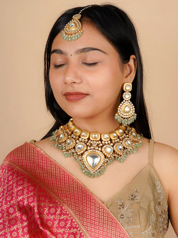 MS1983Y - Green Color Gold Plated Jadau Kundan Bridal Necklace Set