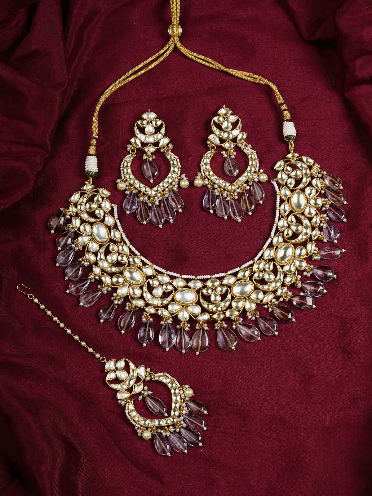 MS1984Y - Purple Color Gold Plated Jadau Kundan Necklace Set