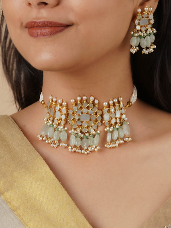 MS1986 - Green Color Gold Plated Jadau Kundan Necklace Set
