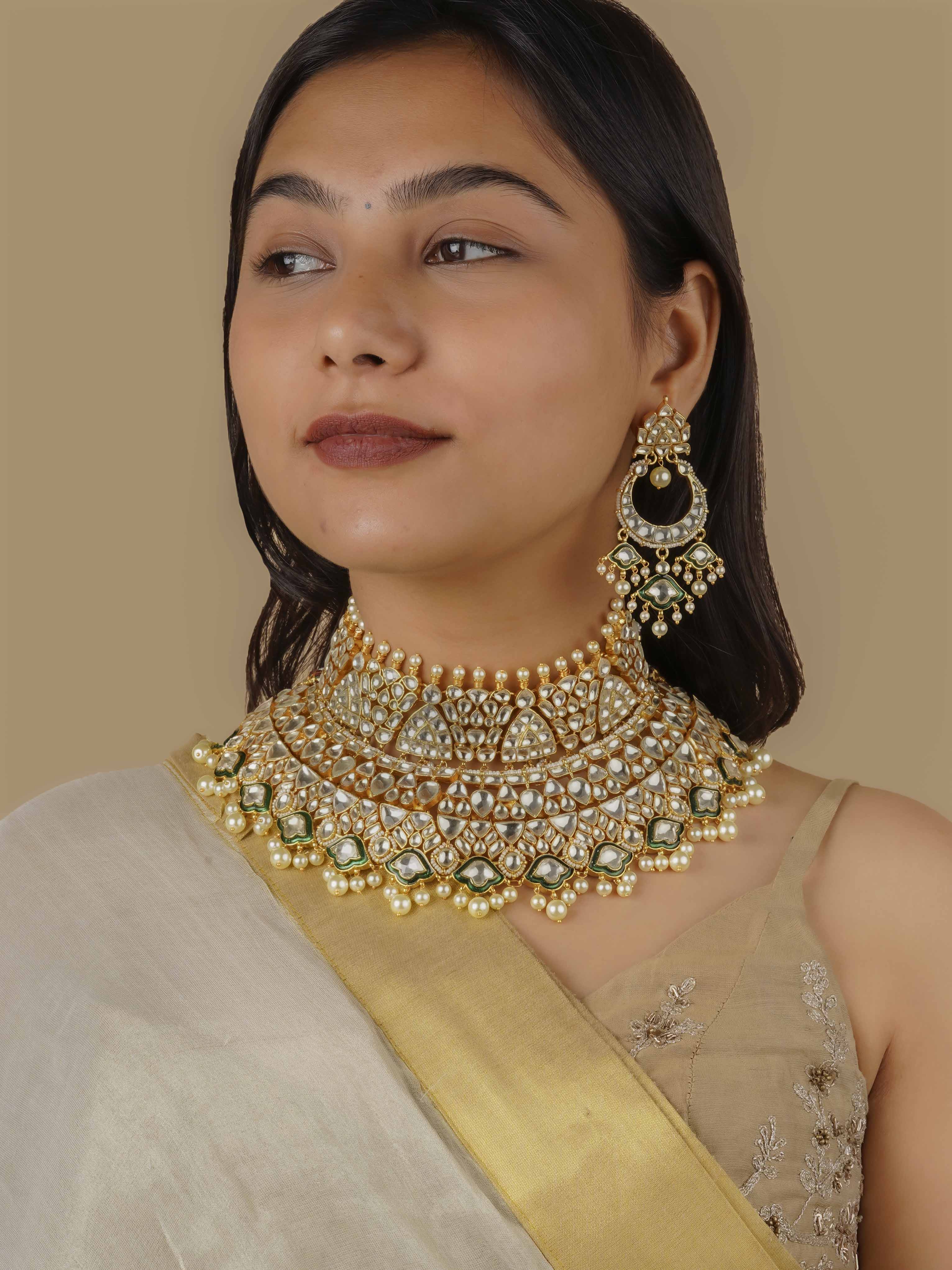 MS1989YGR - Green Color Gold Plated Jadau Kundan Bridal Necklace Set