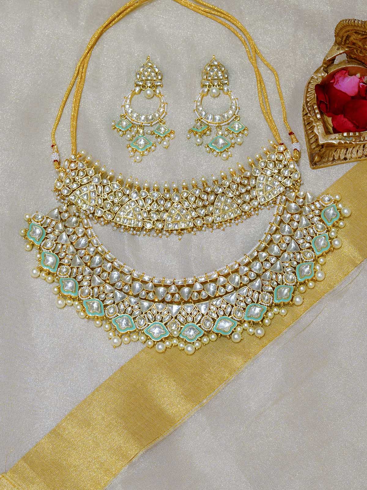 MS1989YLGR - Green Color Gold Plated Jadau Kundan Necklace Set