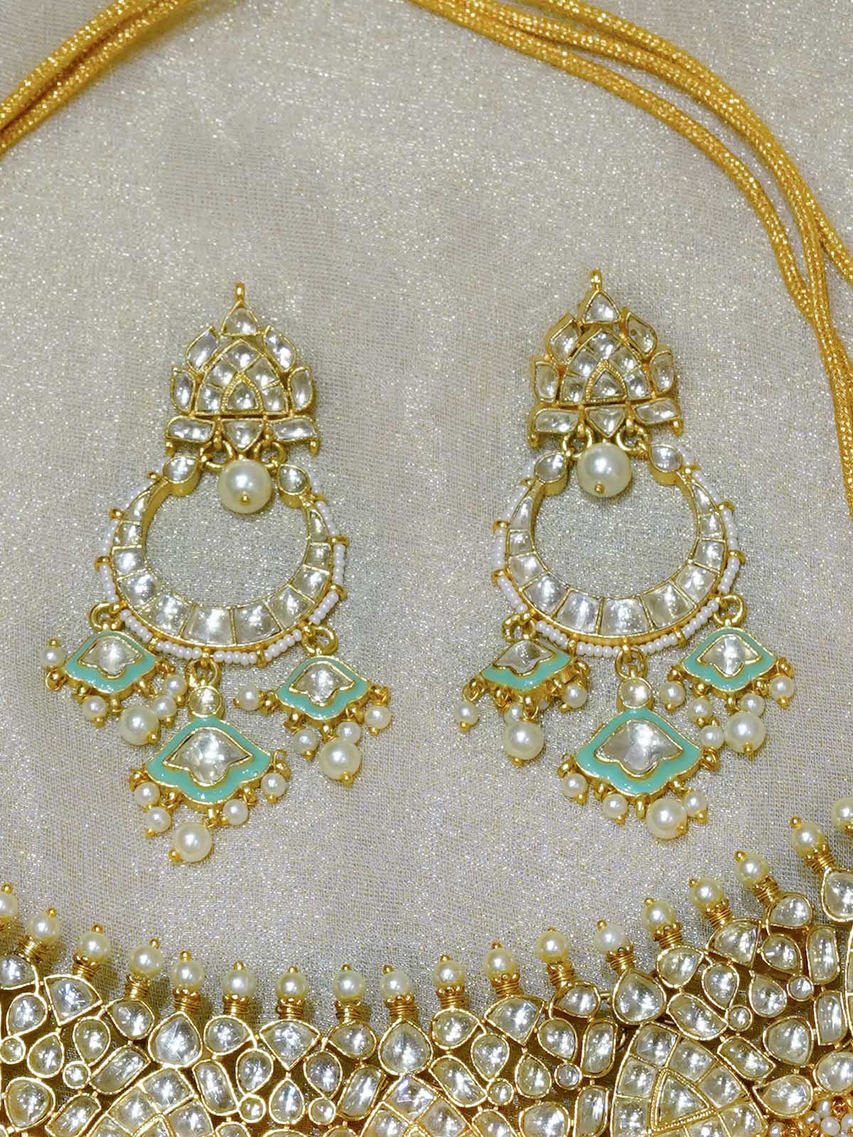 MS1989YLGR - Green Color Gold Plated Jadau Kundan Necklace Set