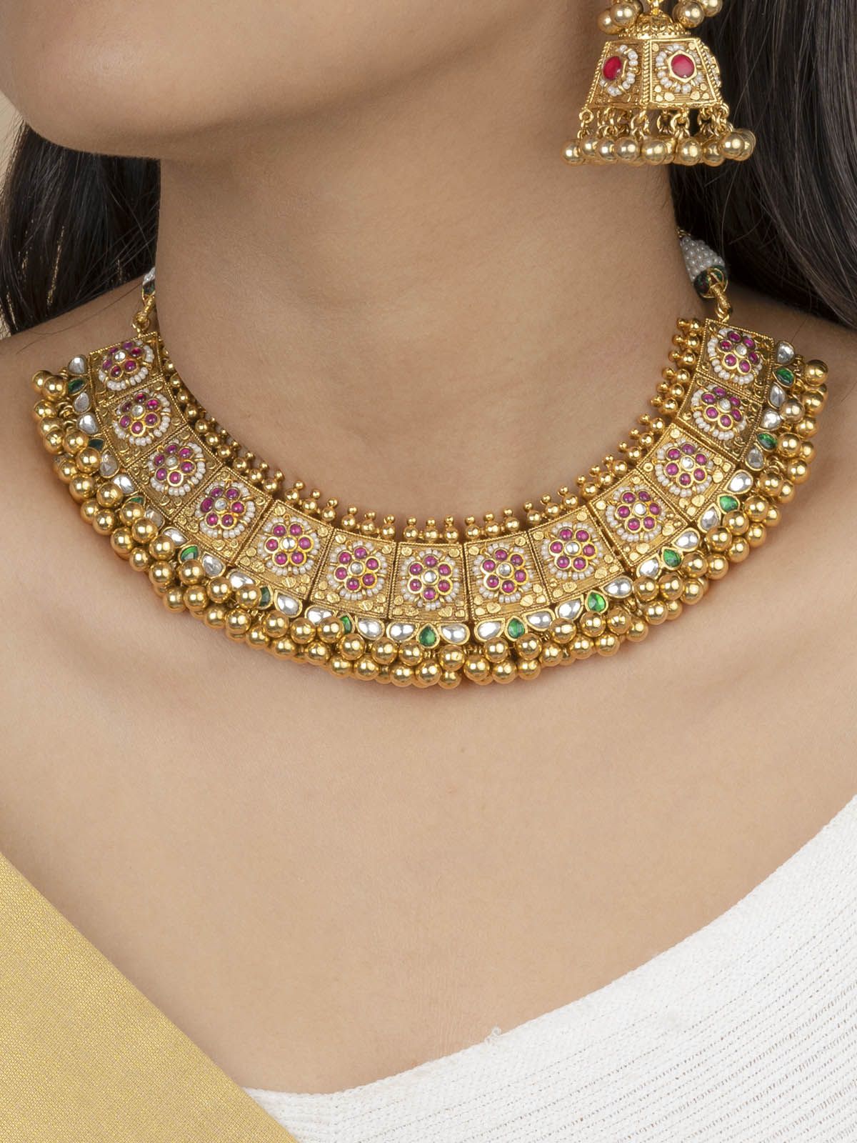 MS1990M - Multicolor Gold Plated Jadau Kundan Short Necklace Set
