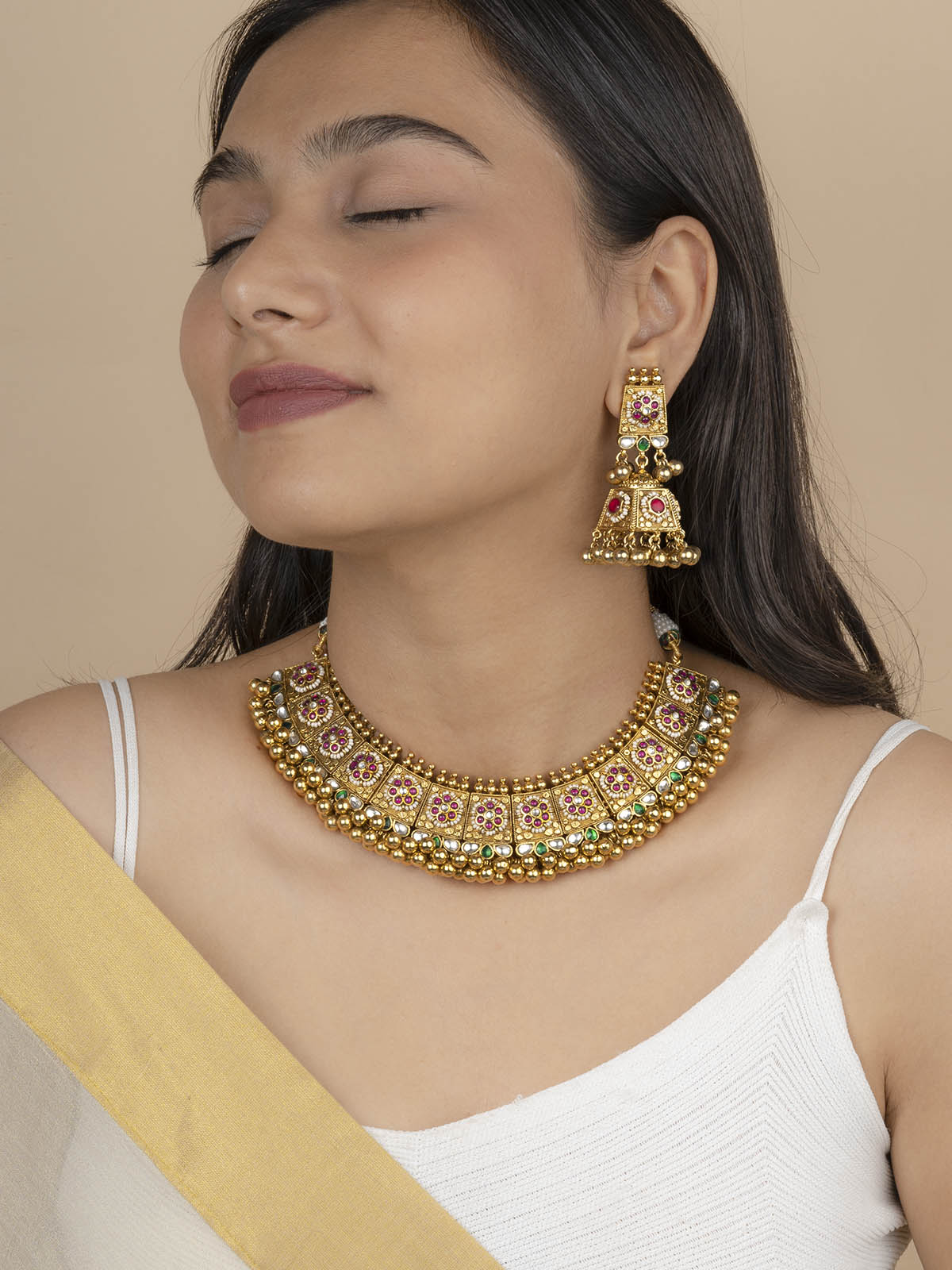MS1990M - Multicolor Gold Plated Jadau Kundan Short Necklace Set