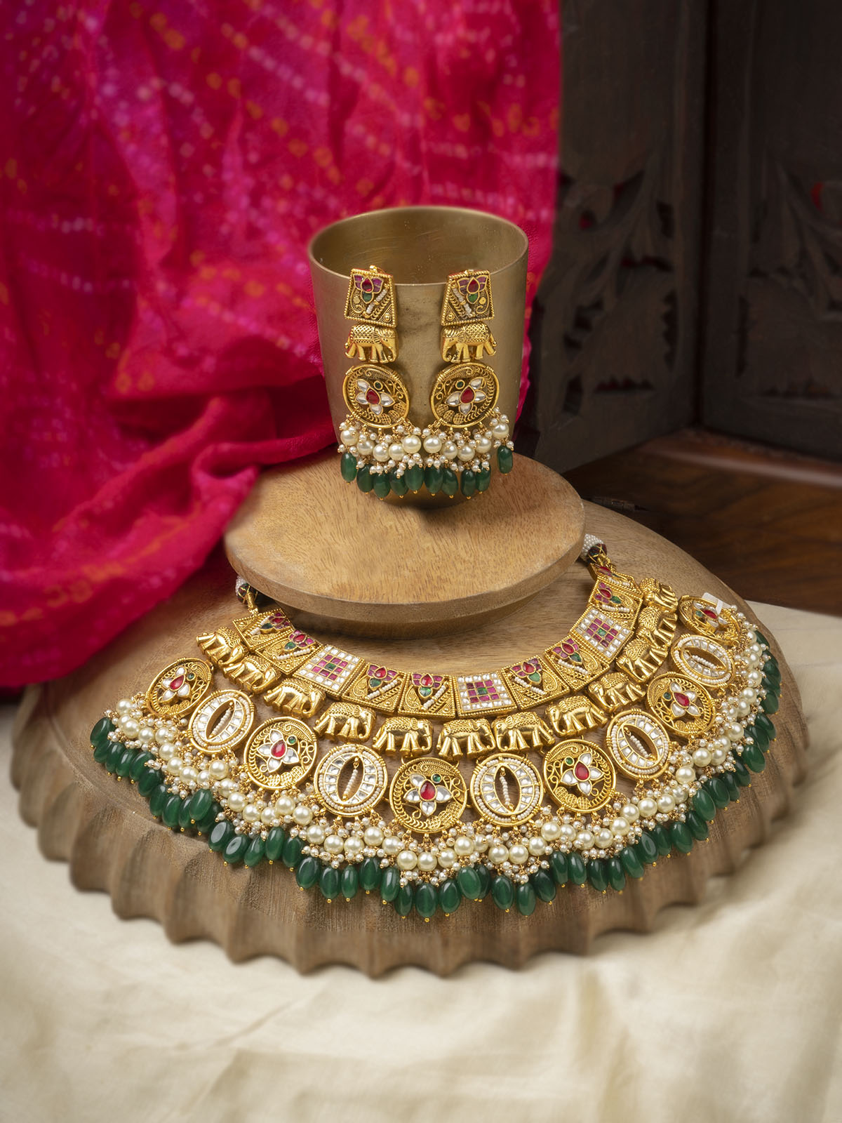 MS1991M - Multicolor Gold Plated Jadau Kundan Bridal Necklace Set