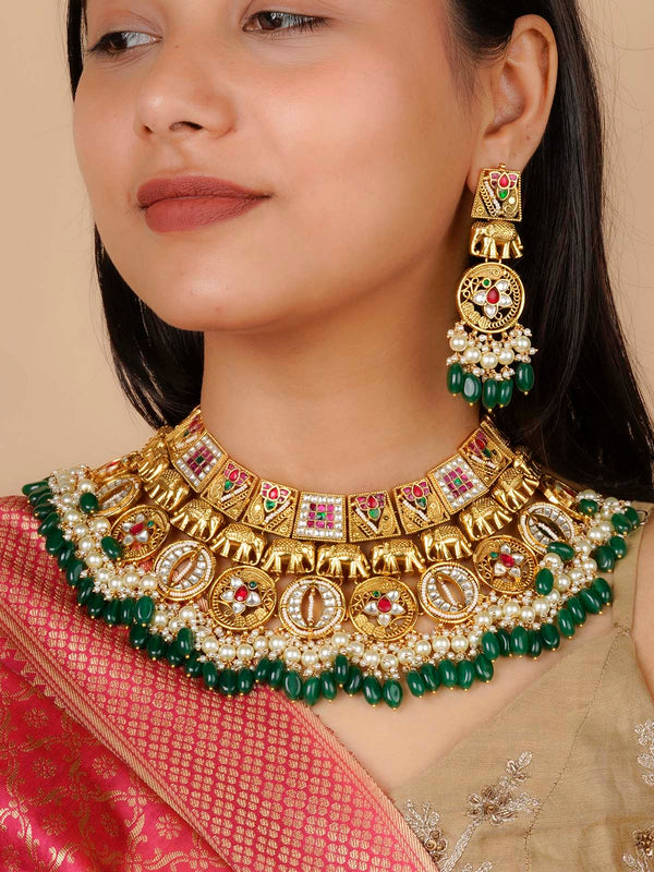 Multicolor Gold Plated Jadau Kundan Bridal Necklace Set - MS1991M