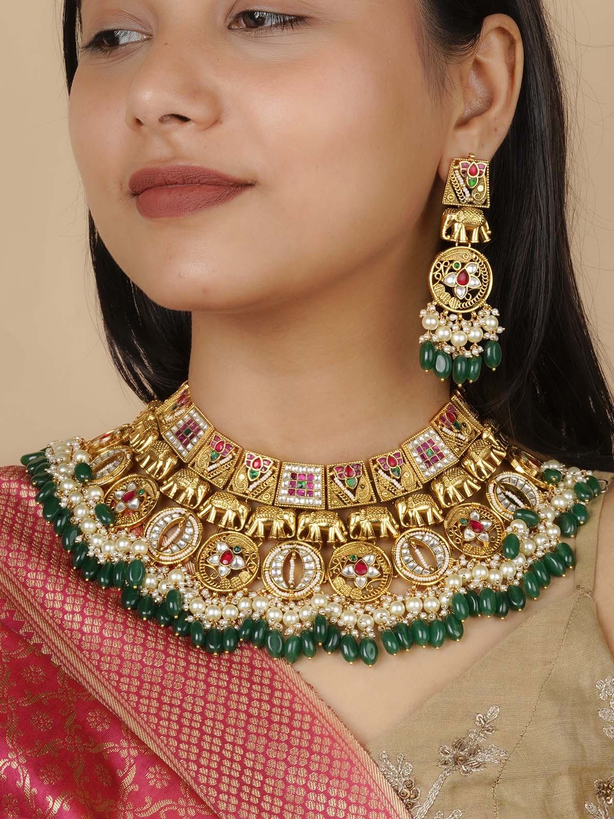 MS1991M - Multicolor Gold Plated Jadau Kundan Bridal Necklace Set