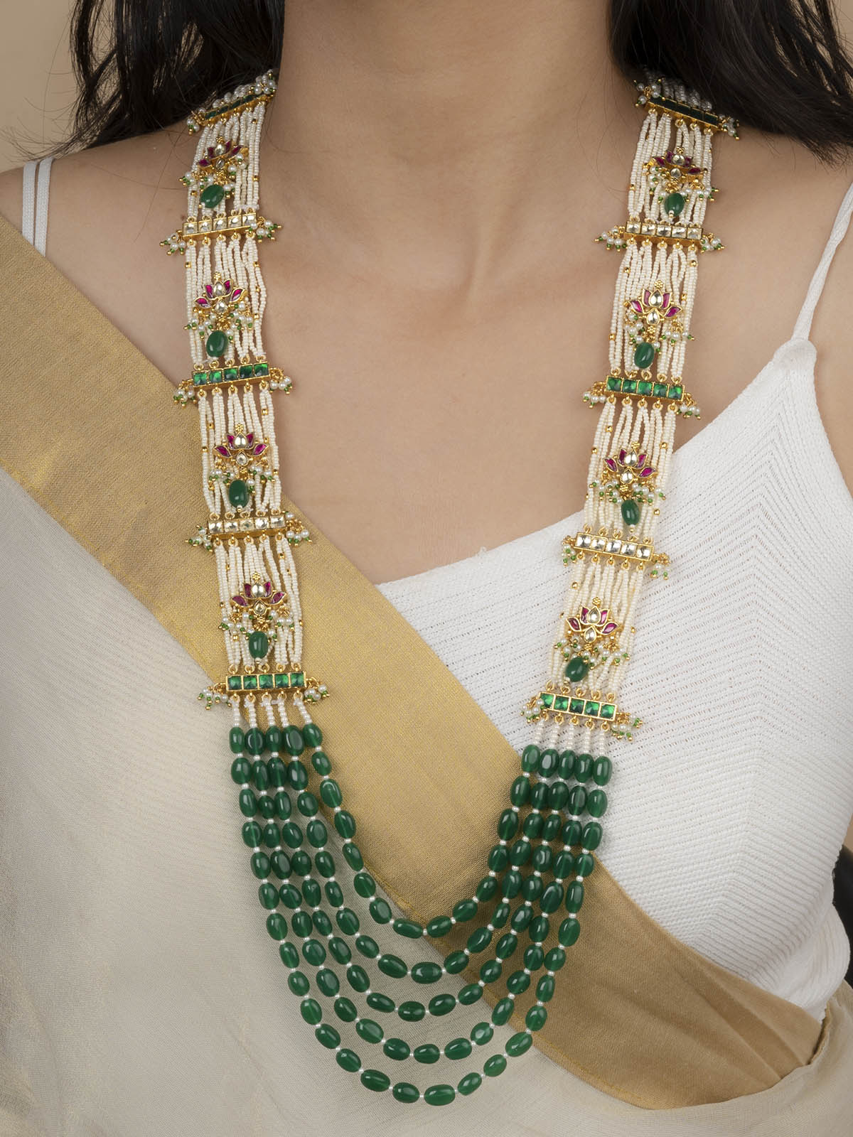 MS1993M - Multicolor Gold Plated Jadau Kundan Long Necklace Set