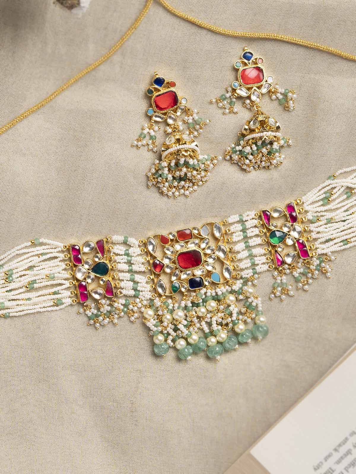 MS1996N - Multicolor Jadau Kundan Choker Necklace Set