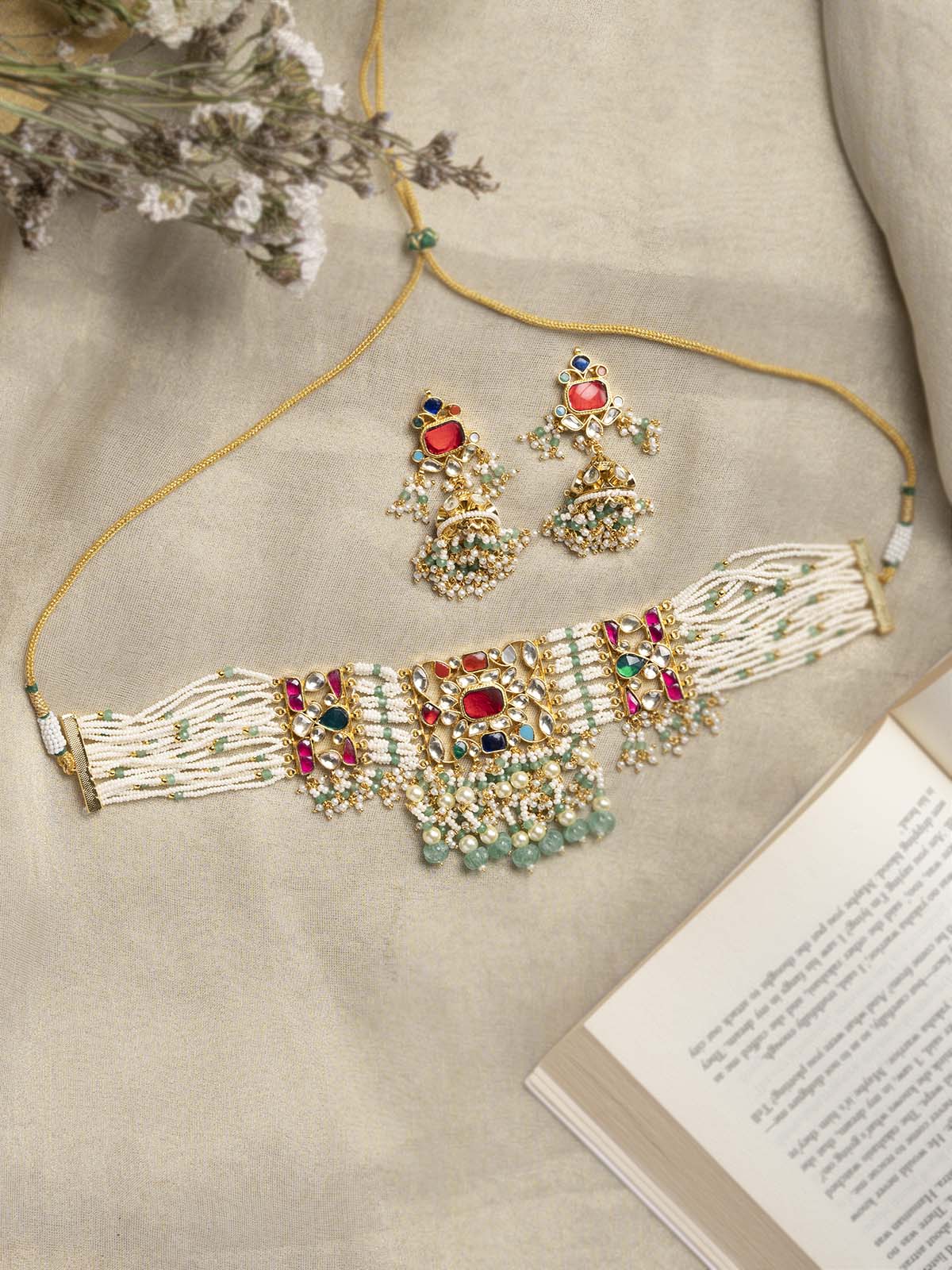 MS1996N - Multicolor Jadau Kundan Choker Necklace Set