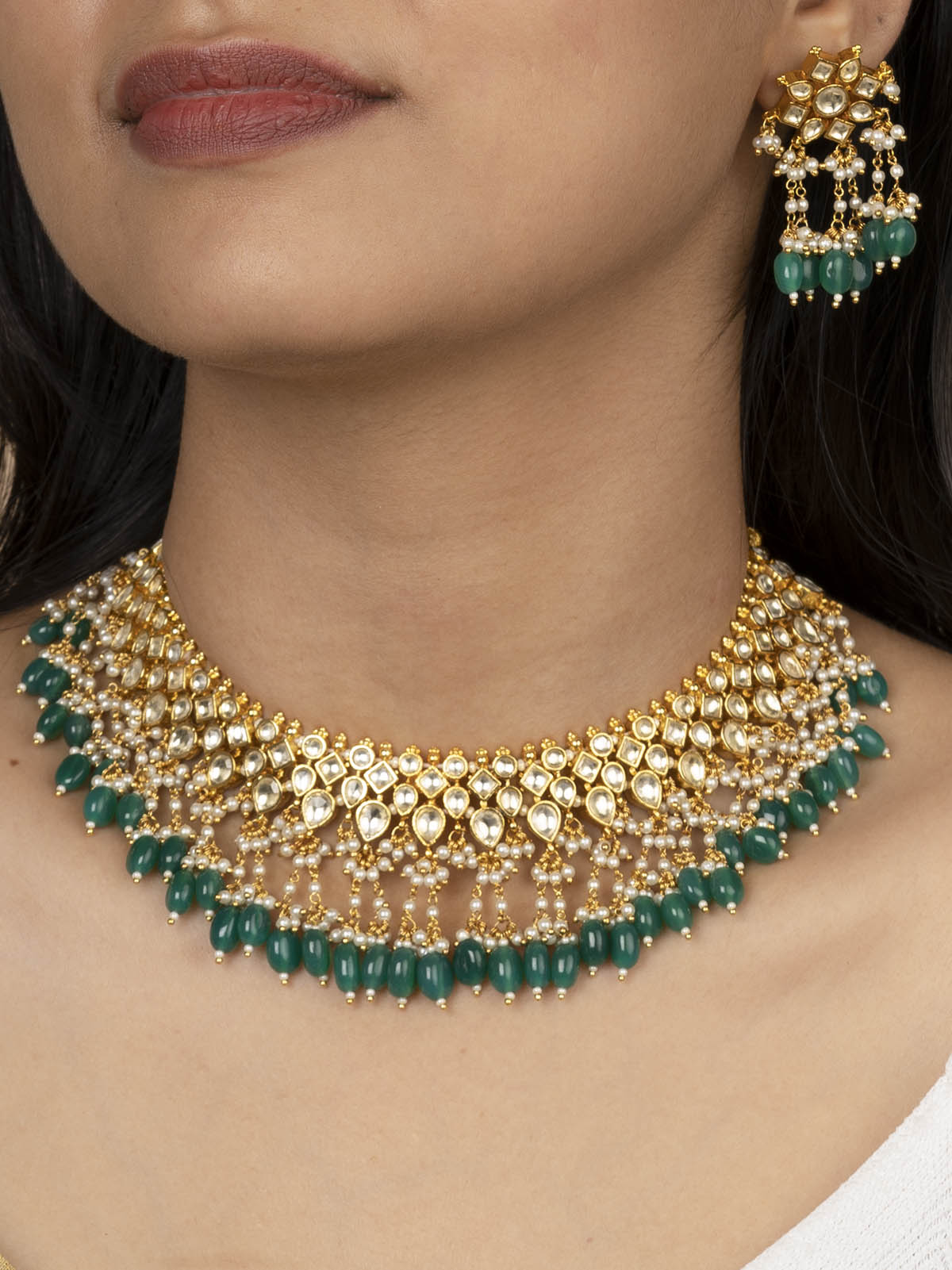 MS1998Y - Green Color Gold Plated Jadau Kundan Short Necklace Set