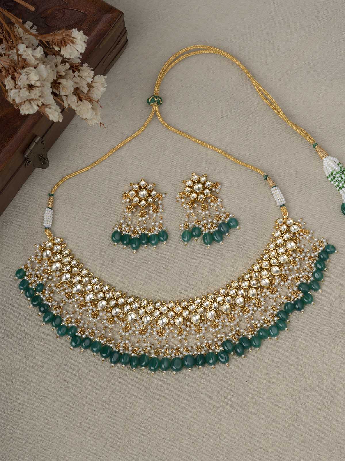 MS1998Y - Green Color Gold Plated Jadau Kundan Short Necklace Set