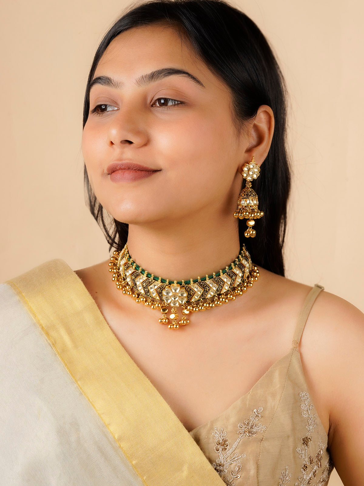 MS1999Y - White Color Gold Plated Jadau Kundan Necklace Set