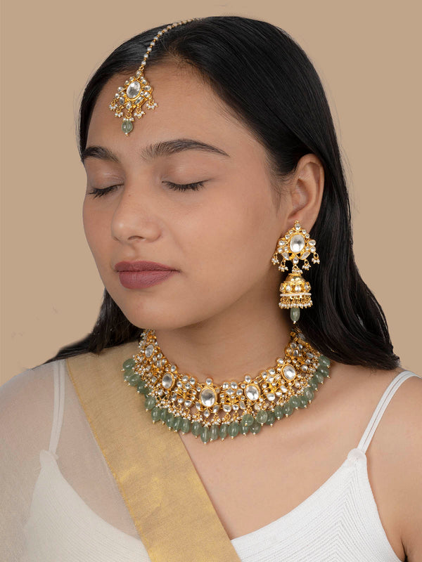 MS2002Y - Pastel Color Jadau Kundan Short Necklace Set With Tika