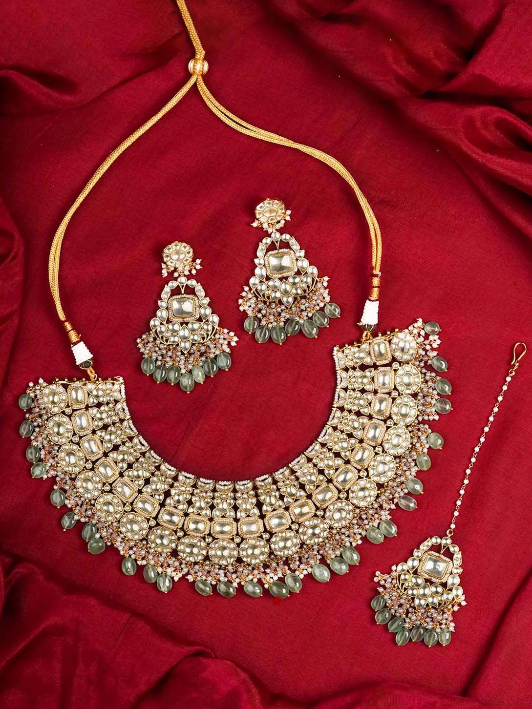 MS2004Y - Green Color Gold Plated Jadau Kundan Bridal Necklace Set
