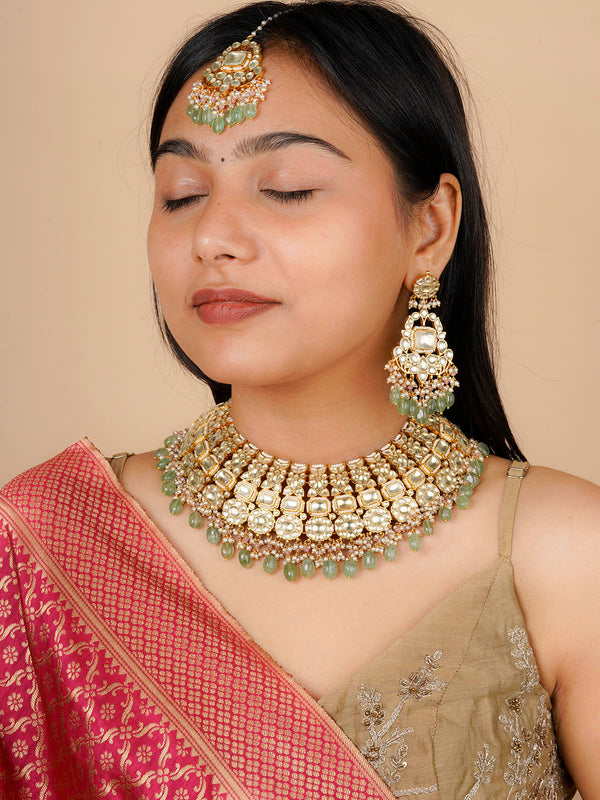 MS2004Y - Green Color Gold Plated Jadau Kundan Necklace Set