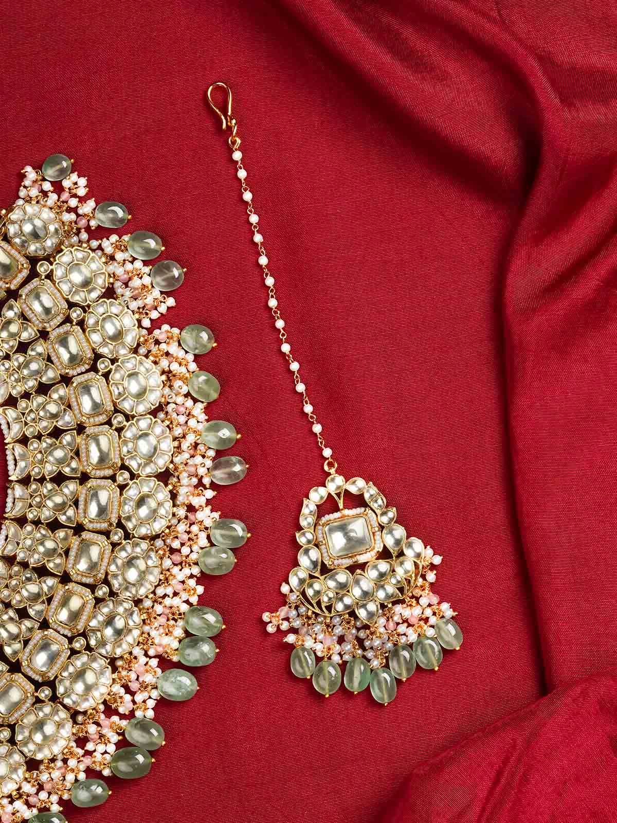 MS2004Y - Green Color Gold Plated Jadau Kundan Bridal Necklace Set