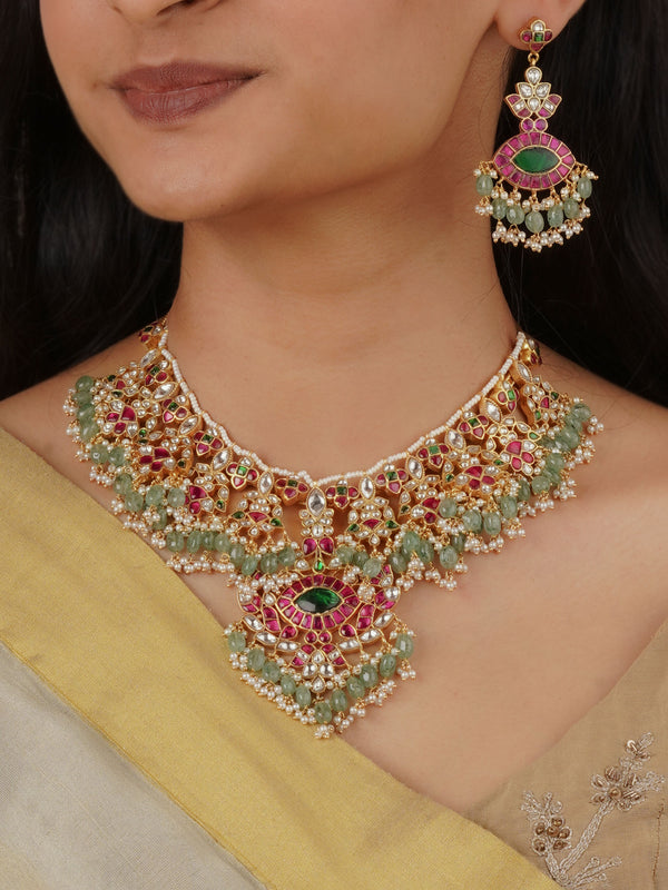 MS2009M - Multicolor Gold Plated Jadau Kundan Bridal Necklace Set