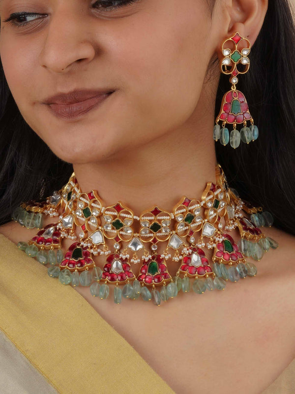 MS2010M - Multicolor Gold Plated Jadau Kundan Necklace Set