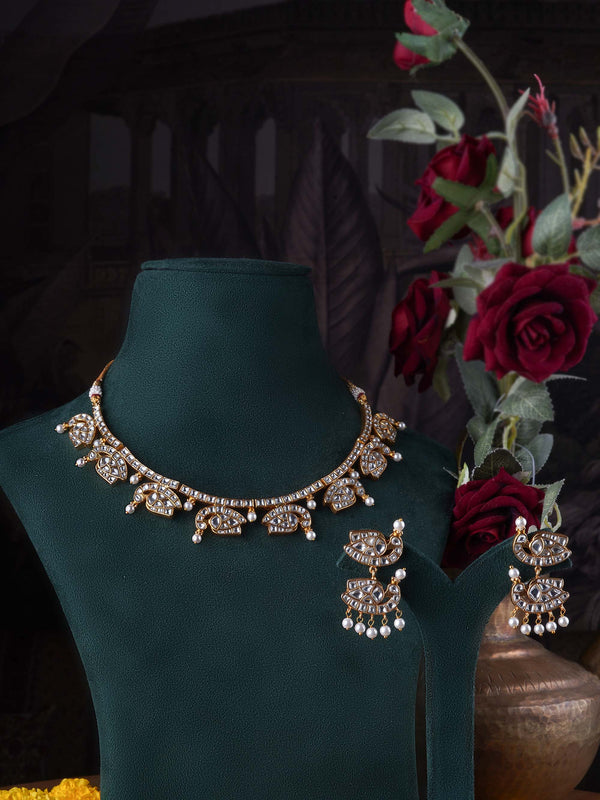 MS2014 - White Color Gold Plated Jadau Kundan Necklace Set