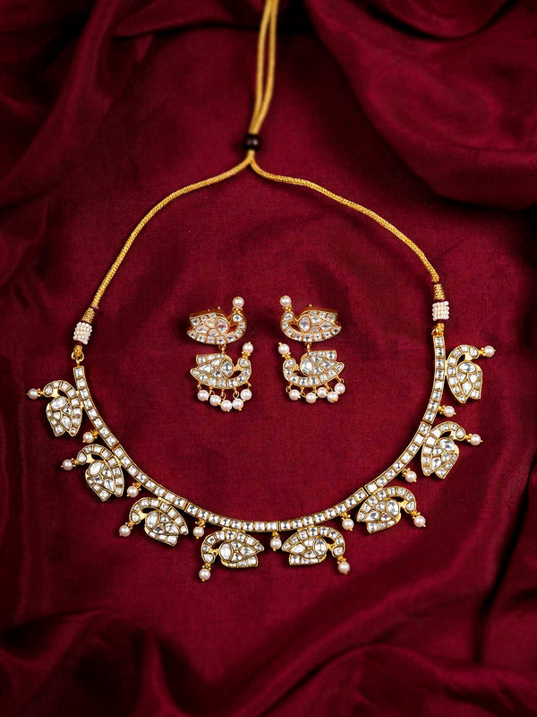 MS2014 - White Color Gold Plated Thappa Jadau Kundan Necklace Set