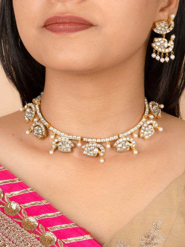 MS2014 - White Color Gold Plated Thappa Jadau Kundan Necklace Set