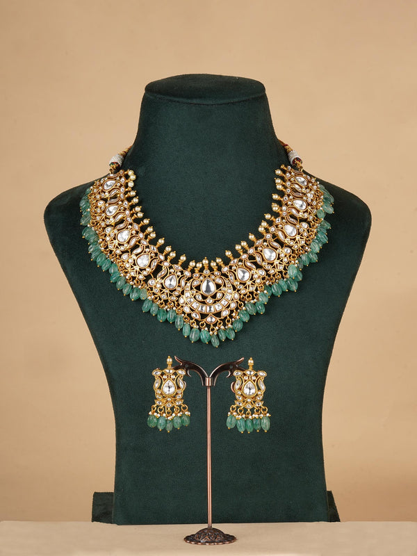 MS2017 - Green Color Gold Plated Jadau Kundan Necklace Set