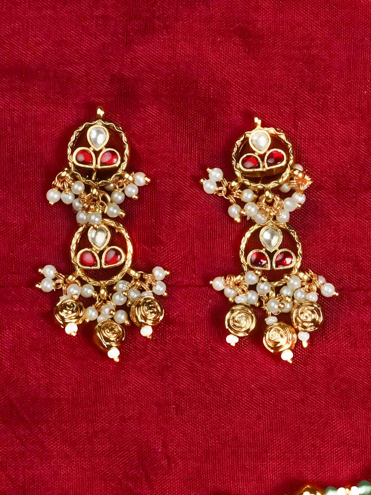 MS2019YR - Red Color Gold Plated Jadau Kundan Necklace Set