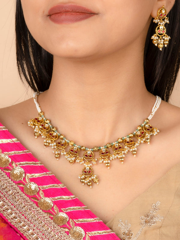 MS2019YR - Dark Pink Color Gold Plated Jadau Kundan Necklace Set