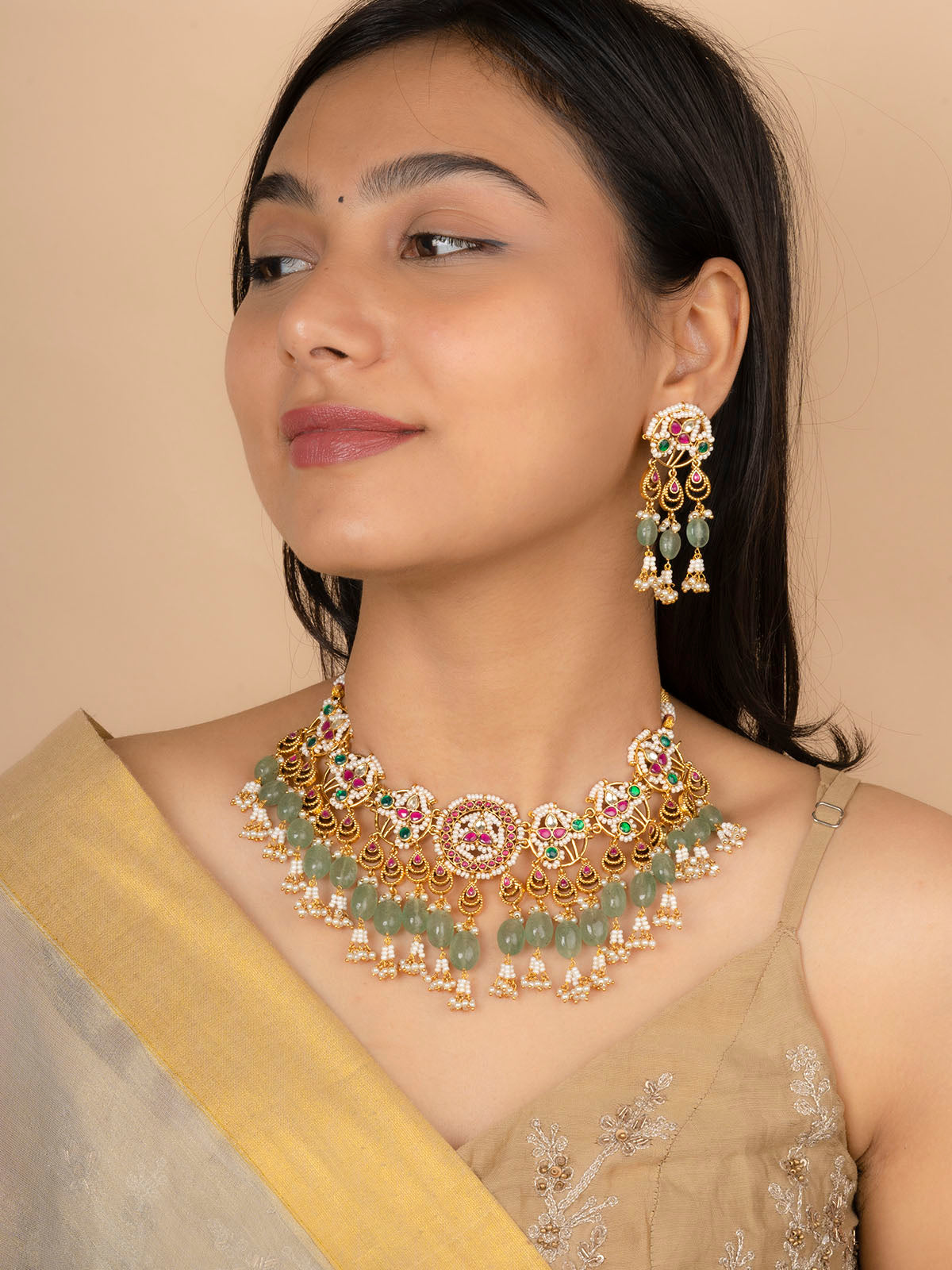 MS2021M - Multicolor Jadau Kundan Short Necklace Set
