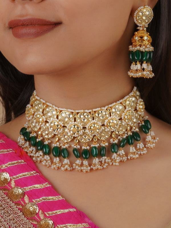MS2023Y - Green Color Gold Plated Jadau Kundan Necklace Set
