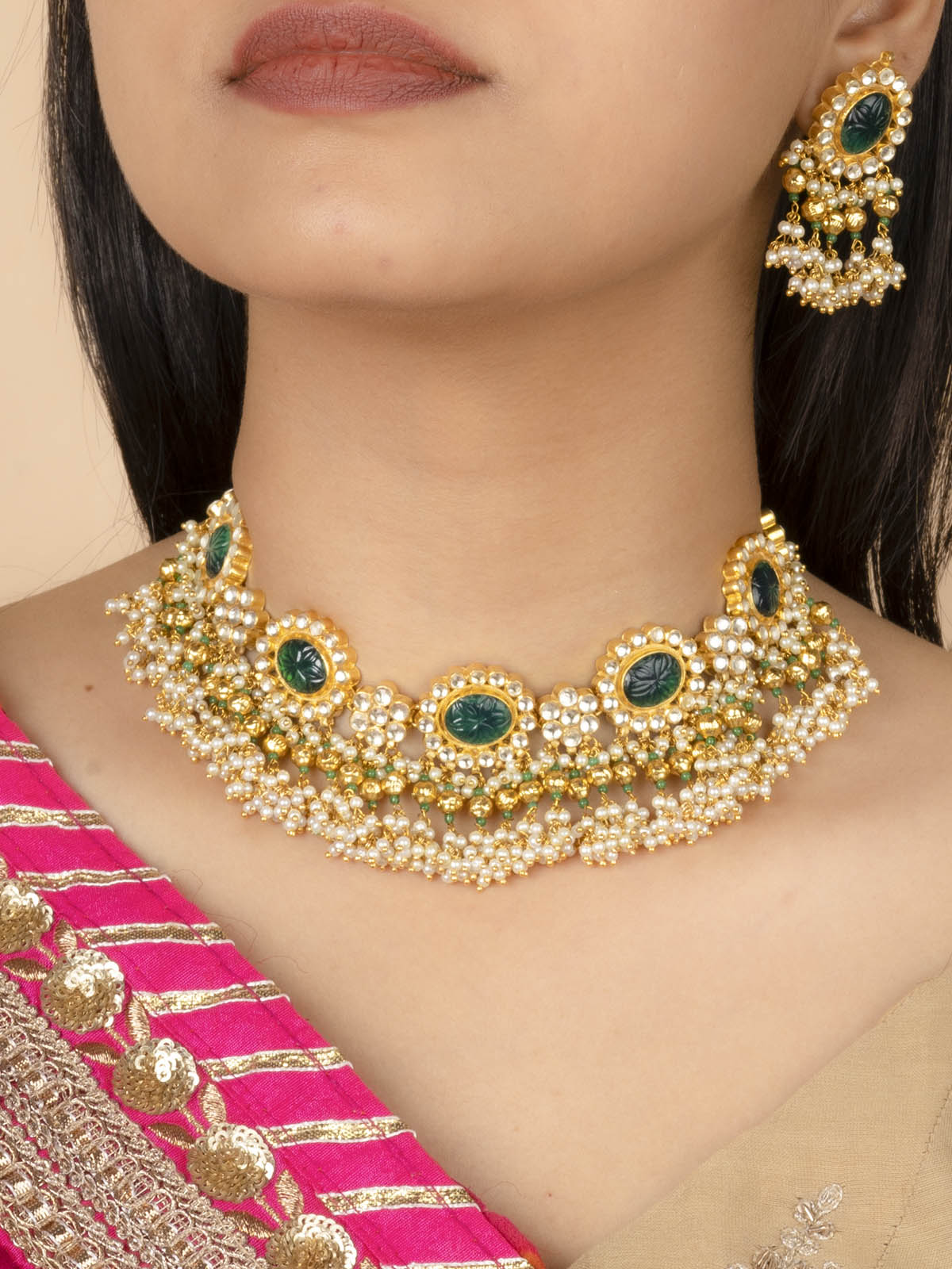 MS2027YGR - Multicolor Gold Plated Jadau Kundan Necklace Set