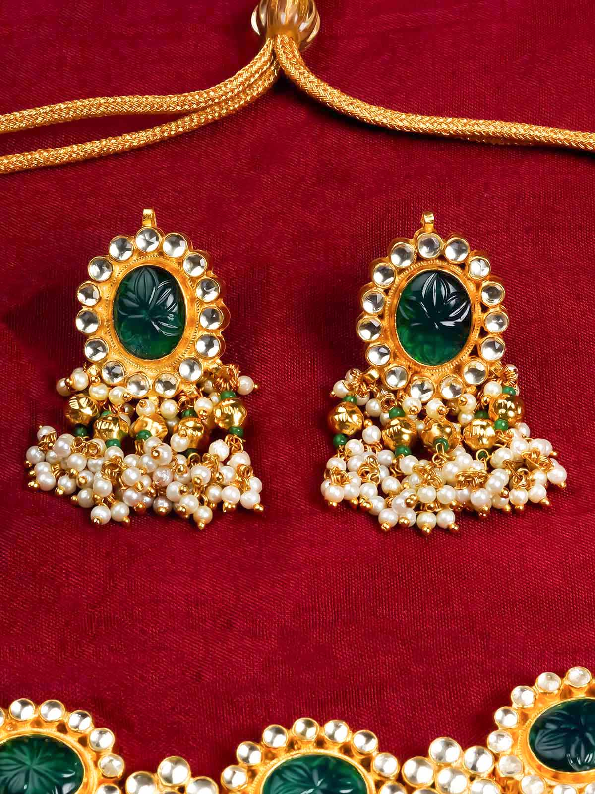 MS2027YGR - Green Color Gold Plated Jadau Kundan Necklace Set