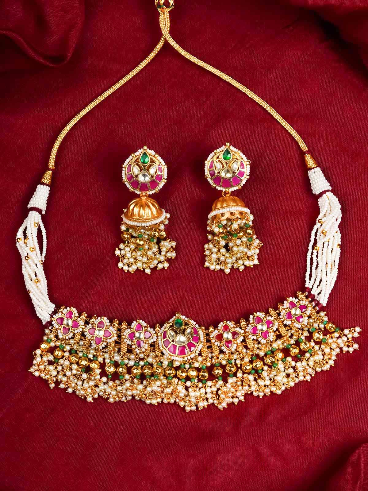 MS2032M - Multicolor Gold Plated Jadau Kundan Necklace Set
