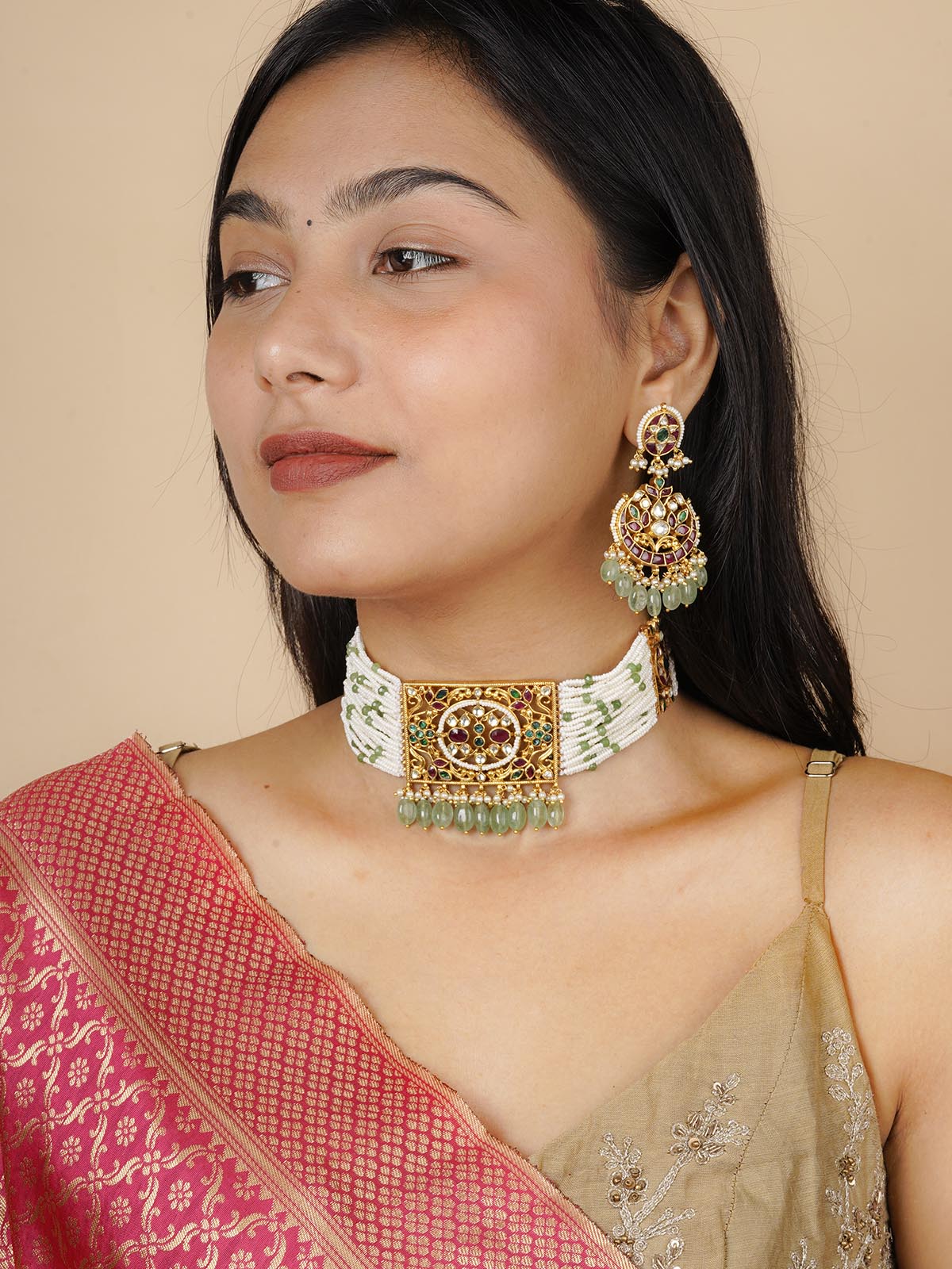 MS2033M - Multicolor Gold Plated Jadau Kundan Necklace Set