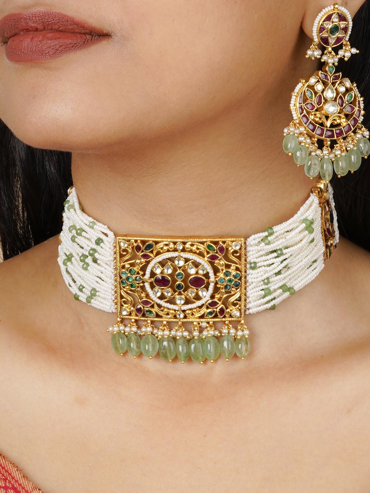 MS2033M - Multicolor Gold Plated Jadau Kundan Necklace Set