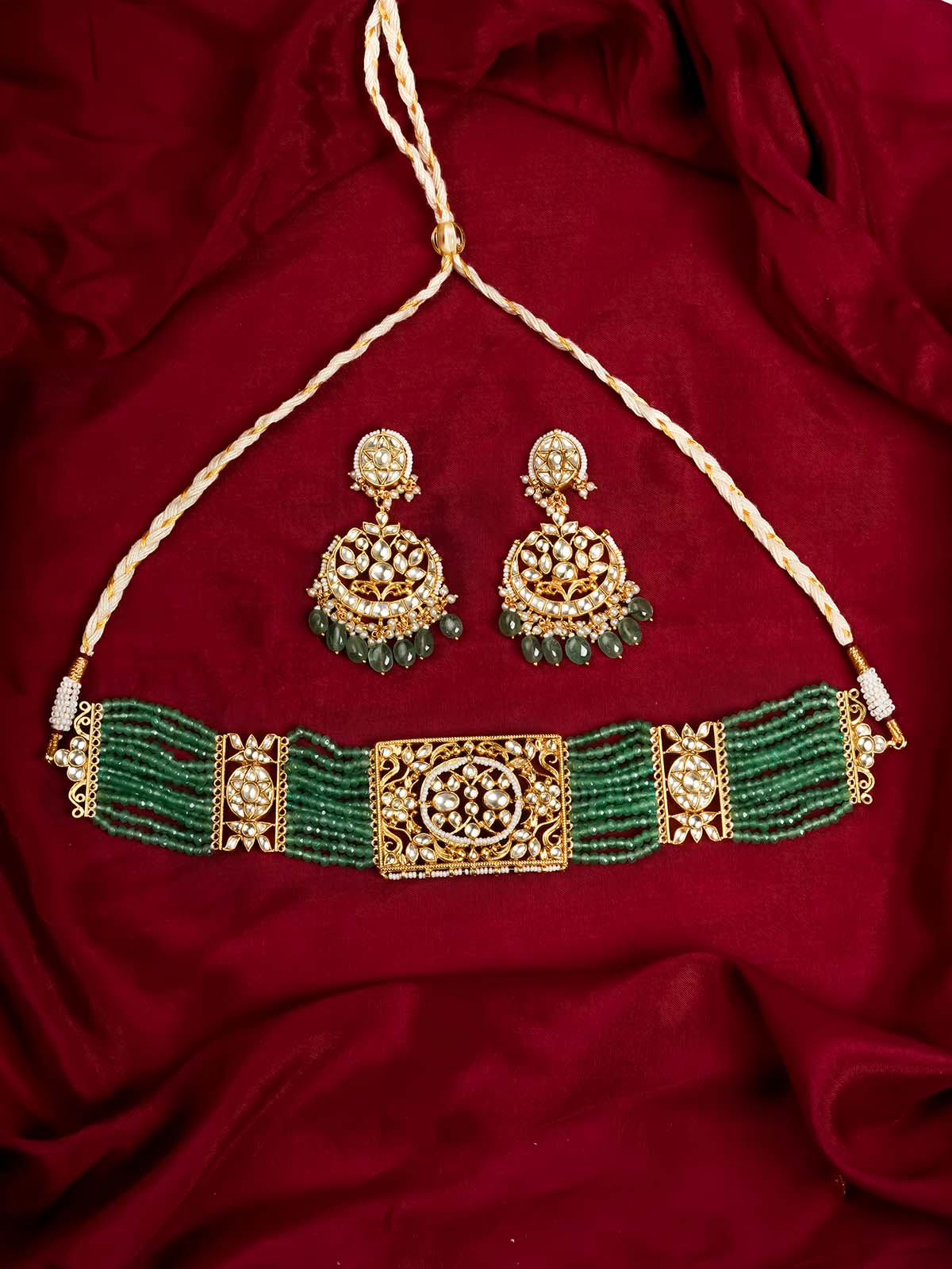 MS2033Y - Green Color Gold Plated Jadau Kundan Necklace Set