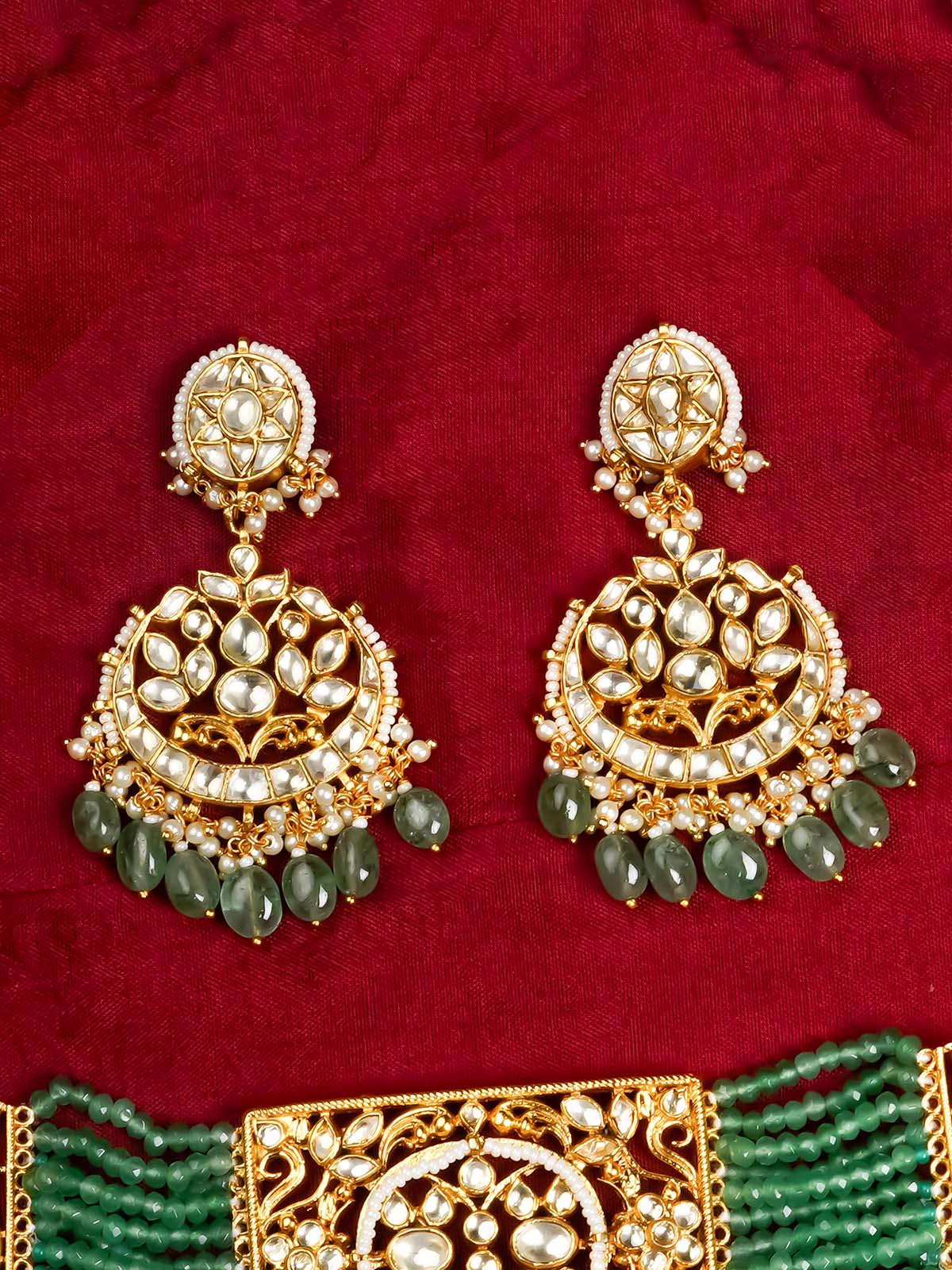 MS2033Y - Green Color Gold Plated Jadau Kundan Necklace Set
