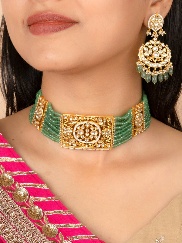 MS2033Y - Light Green Color Gold Plated Jadau Kundan Necklace Set