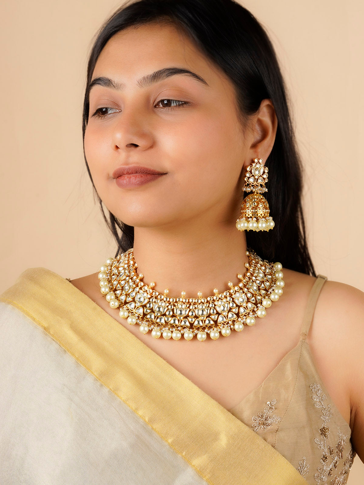 MS2034Y - White Color Gold Plated Jadau Kundan Necklace Set