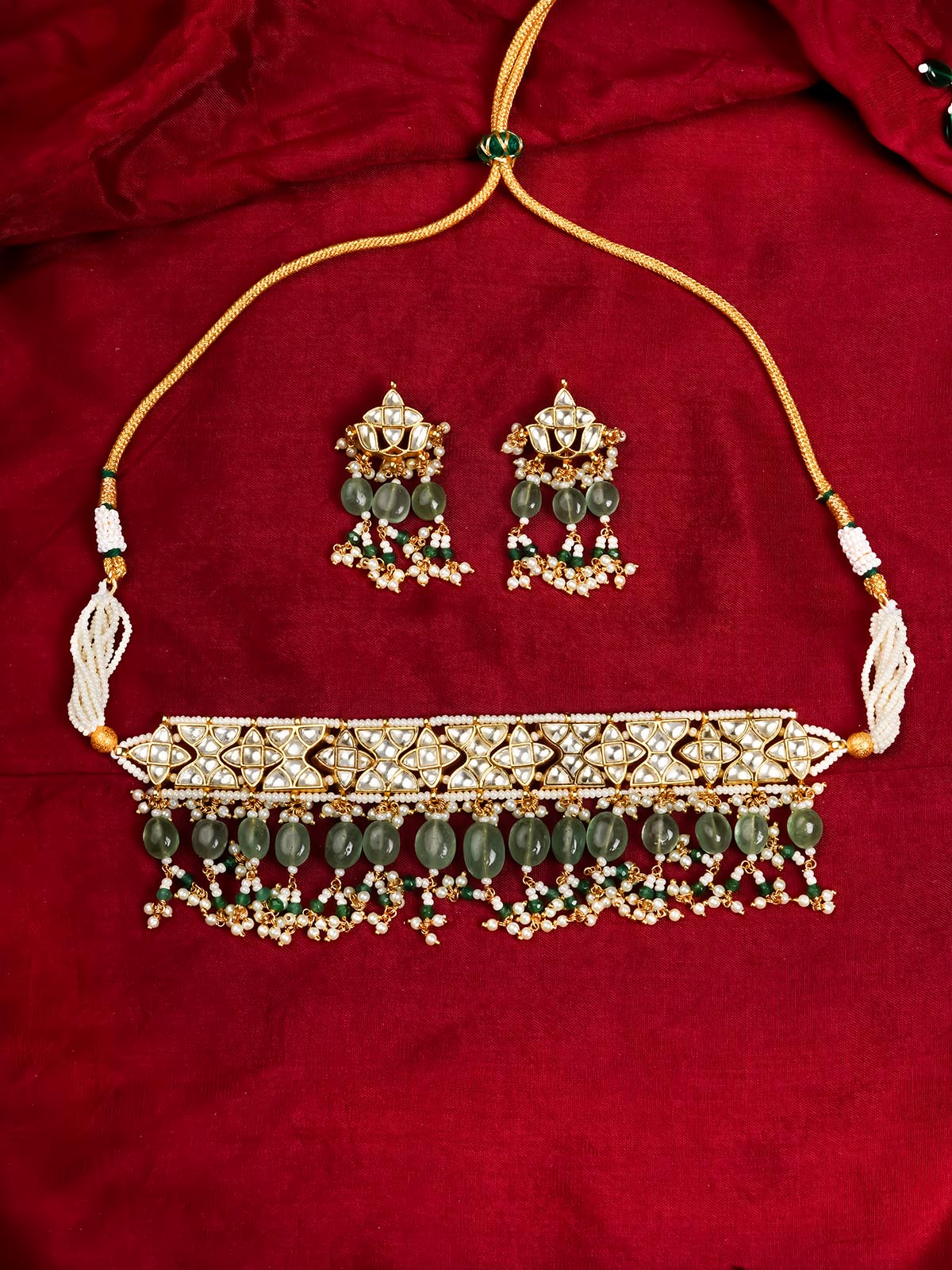 MS2035Y - Green Color Gold Plated Jadau Kundan Necklace Set