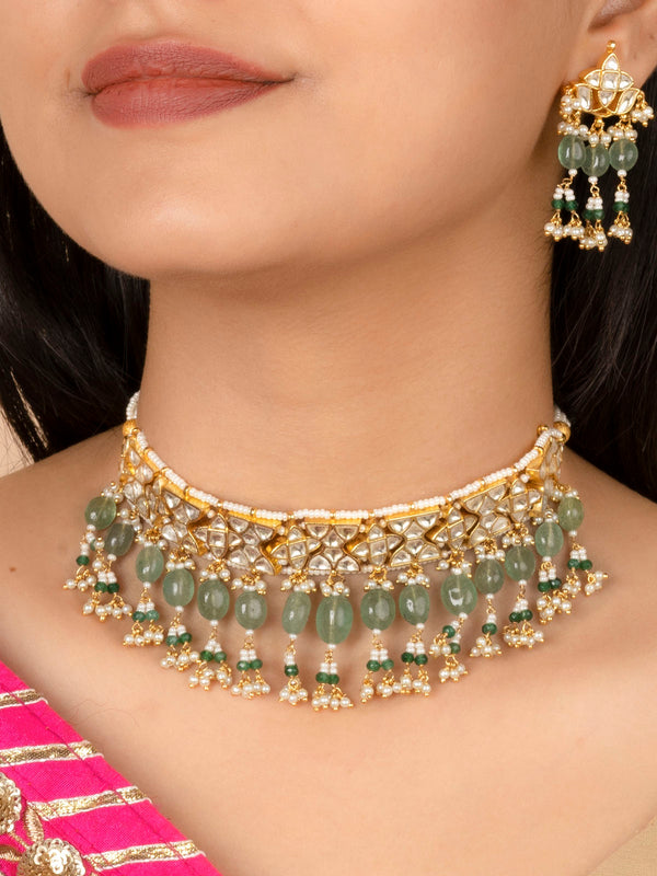 MS2035Y - Light Green Color Gold Plated Jadau Kundan Necklace Set