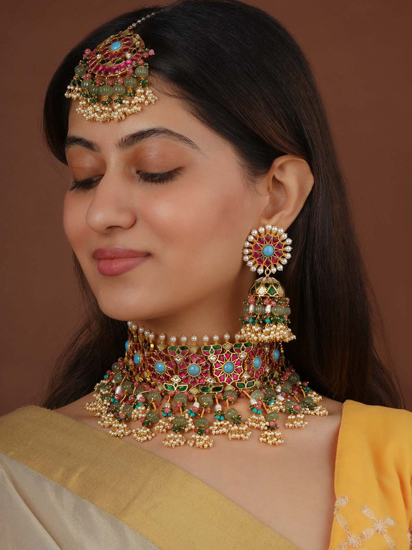 Multicolor Gold Plated Jadau Kundan Bridal Necklace Set - MO-S27M