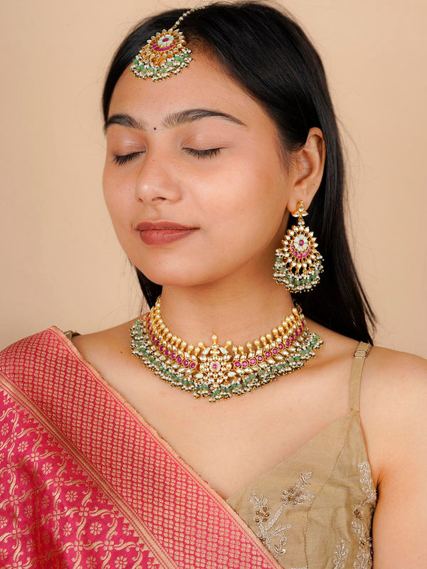 MS2037M - Multicolor Gold Plated Jadau Kundan Bridal Necklace Set