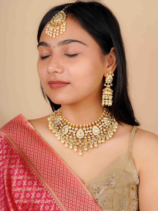 MS2039Y - White Color Gold Plated Jadau Kundan Bridal Necklace Set
