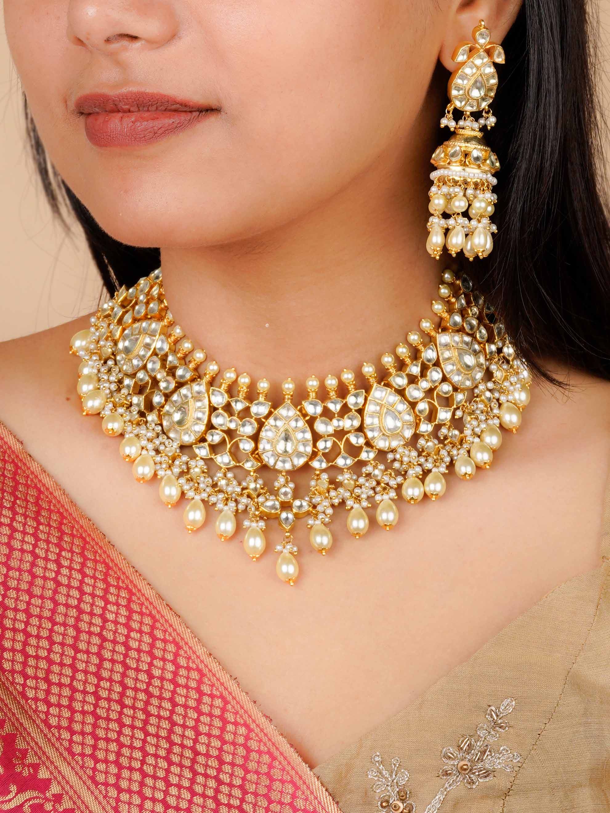 MS2039Y - White Color Gold Plated Jadau Kundan Necklace Set