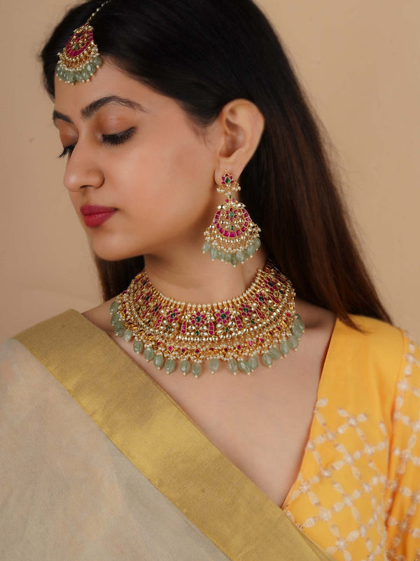 MS2040MA - Multicolor Gold Plated Jadau Kundan Bridal Necklace Set