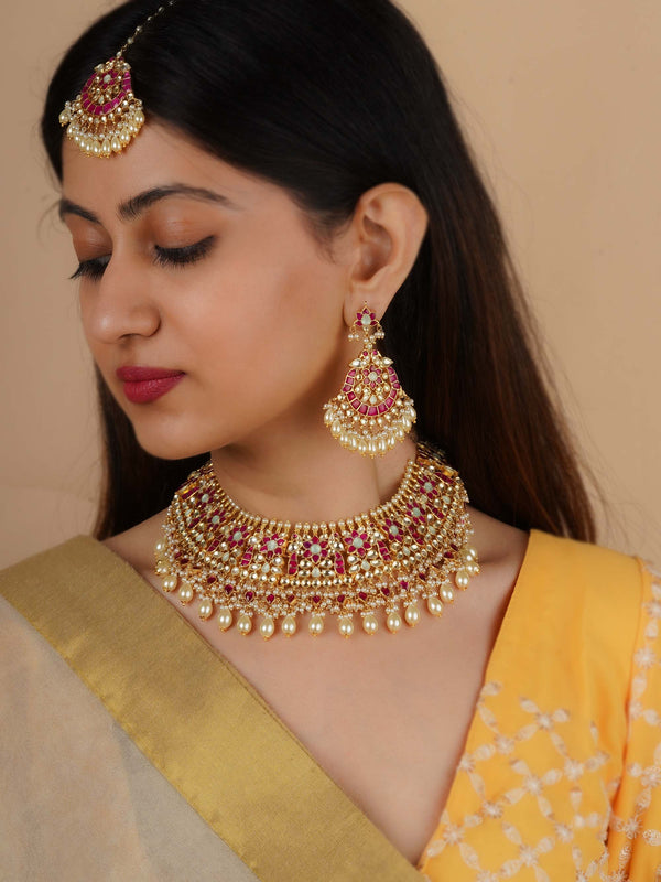 MS2040MB - Pink Color Gold Plated Jadau Kundan Bridal Necklace Set